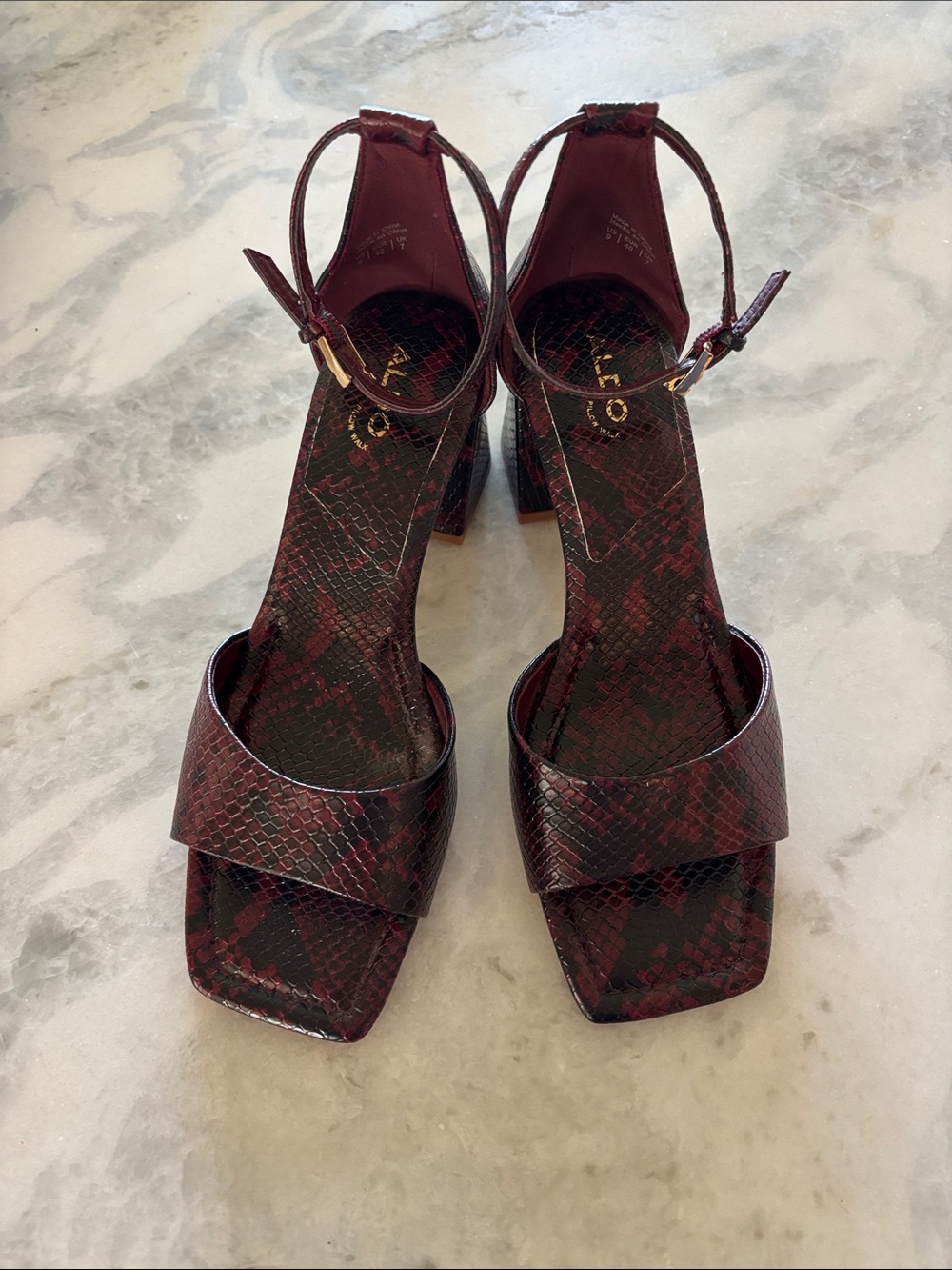 Aldo Burgundy Snake-Print Ankle Strap Block Heels